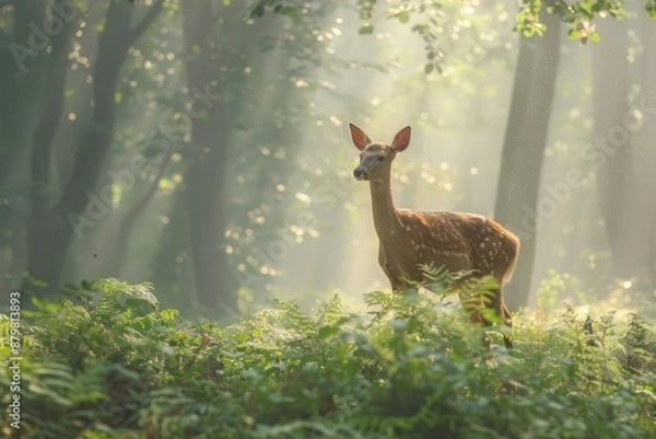 Fototapeta A deer is standing in a forest with sunlight shining through the trees