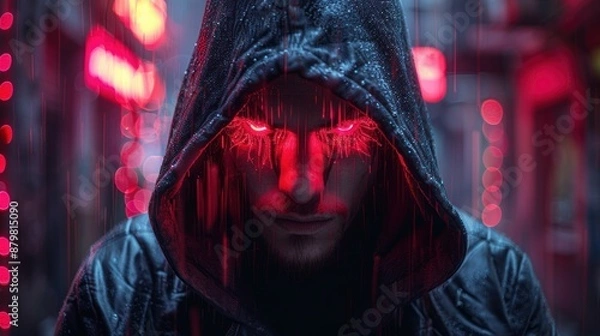 Fototapeta Mysterious Man with Red Glowing Eyes in the Rain