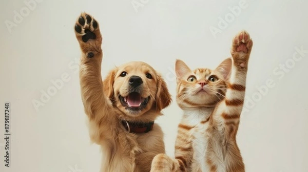 Fototapeta Happy dog and cat raising paws. Adorable golden retriever and tabby cat raise their paws in playful greeting.