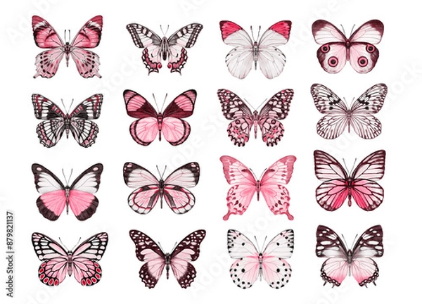 Fototapeta Watercolor colorful butterflies, isolated on white background. blue, yellow, pink and red butterfly spring 