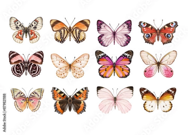 Obraz Watercolor colorful butterflies, isolated on white background. blue, yellow, pink and red butterfly spring 