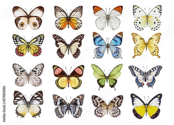 Obraz Watercolor colorful butterflies, isolated on white background. blue, yellow, pink and red butterfly spring 