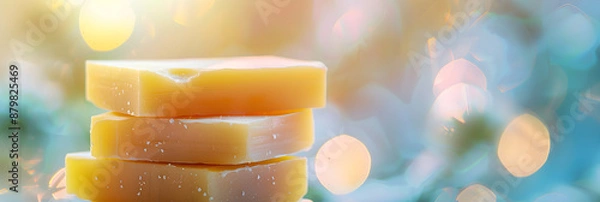 Fototapeta Stack of bars of soap, natural handmade soap close-up with bokeh background, banner for use on soap manufacturers website