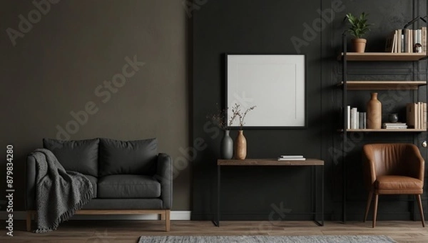Fototapeta Empty Mockup frame on wood cabinet in living room interior on empty dark wall background