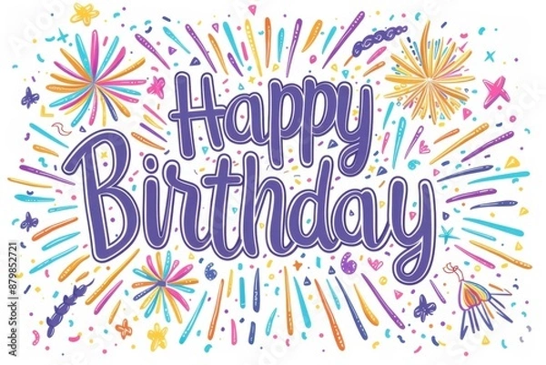 Fototapeta logo design for the word "Happy Birthday" with colorful fireworks and confetti around, isolated on white background Generative AI