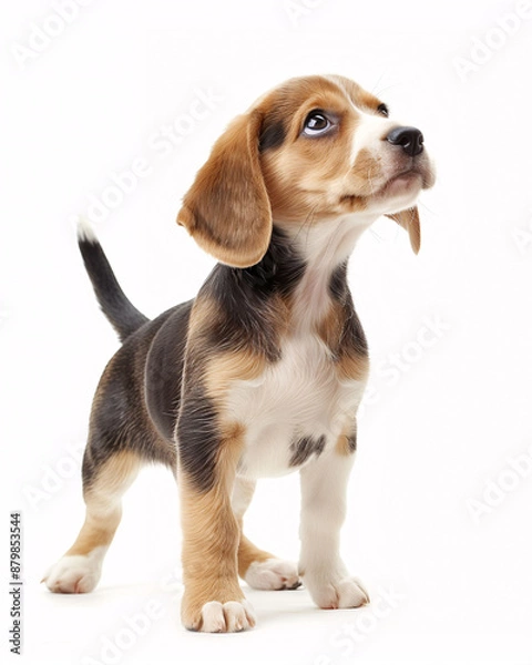 Fototapeta beagle puppy on white background looking up in excited expectation