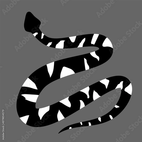 Fototapeta Black and white silhouette snake. Isolated symbol on grey background. Reptile vector illustration. Dangerous wildlife animals in garden. Black snake with white spots. Eps 10 clipart draw. 