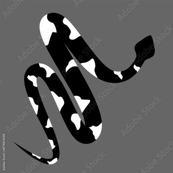 Fototapeta Black and white silhouette snake. Isolated symbol on grey background. Zig zag reptile vector illustration. Dangerous wildlife animals in garden. Black snake with white spots. Eps 10 clipart draw. 