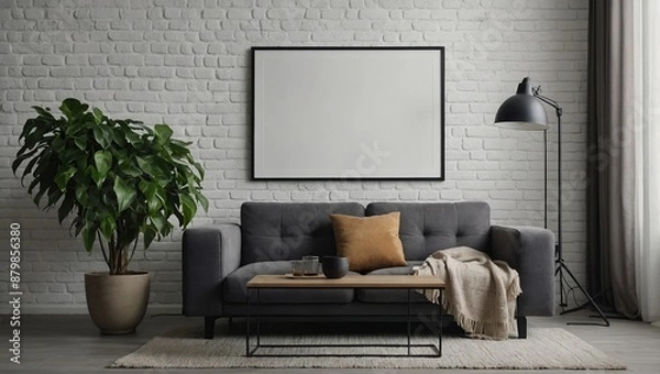 Fototapeta Modern living room with houseplant and blank picture frame on sofa and white brick wall