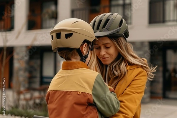 Fototapeta A mother is helping her child put on a helmet before riding an electric bike. The background shows gray buildings and streets in the style of a modern city.