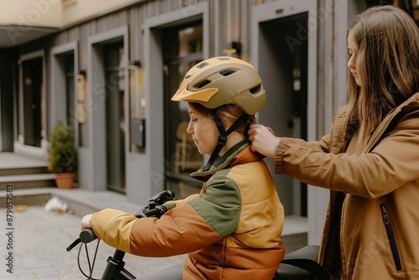 Fototapeta A mother is helping her child put on a helmet before riding an electric bike. The background shows gray buildings and streets in the style of a modern city.
