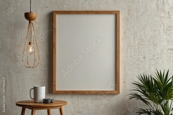Fototapeta One light wood thin rectangular vertical frame hanging on a white textured wall mockup, Flat lay, top view