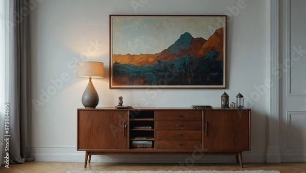 Fototapeta Retro, wooden cabinet and a painting in an empty living room interior with white walls and copy space place for a sofa 