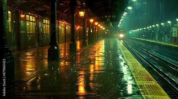 Fototapeta A glistening train station platform under a downpour with the faint glow of a train in the distance