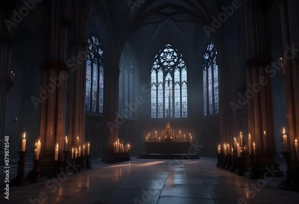 Fototapeta A dark, gothic cathedral interior with tall arched windows, candles, and a mysterious, ethereal atmosphere