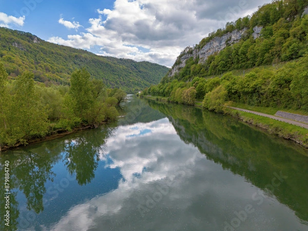 Fototapeta Landscape with fields, mountains and river in France near Besancon in spring, Franche-Comte