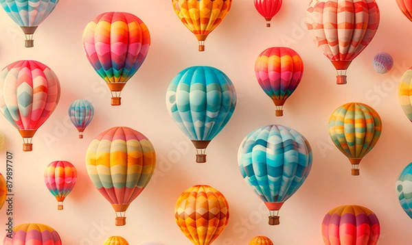 Fototapeta Several colorful hot air balloons float against a light pink sky