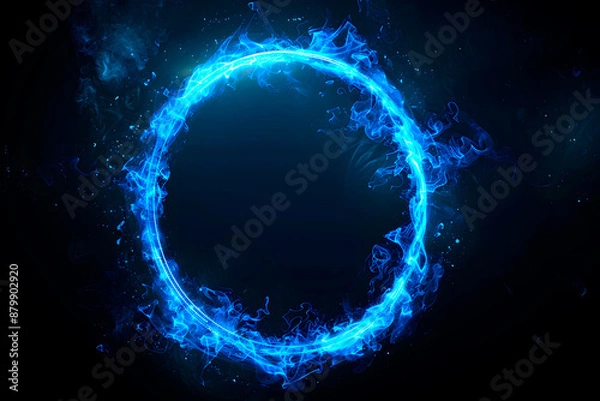 Fototapeta Vibrant neon blue fire circle with dynamic light effects on a dark background.” It’s perfect for technology-themed designs. Generative Ai.	
