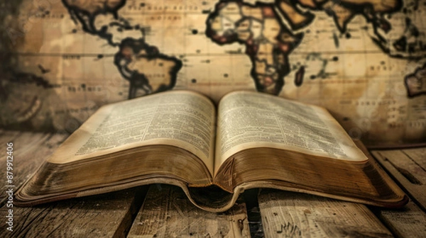 Fototapeta Open holy bible with world map in background.