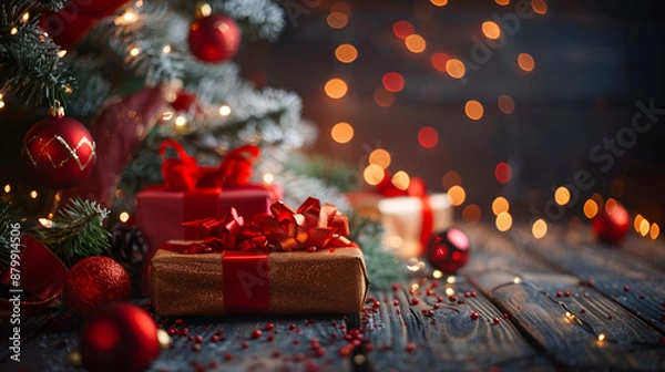 Fototapeta A lit Christmas tree in the background during the holidays