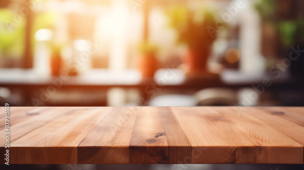 Fototapeta Wooden table on blurred kitchen bench background. Empty wooden table and blurred kitchen background
