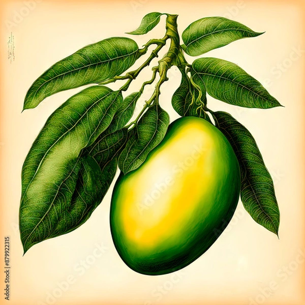 Obraz A branch of a mango tree with leaves and fruit in the style of an ancient botanical illustration.