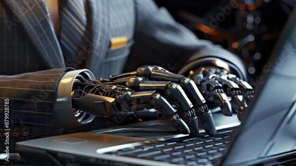 Obraz A creative composition of a robot hand, perfectly outfitted in a luxury suit and tie, typing on a high-end laptop