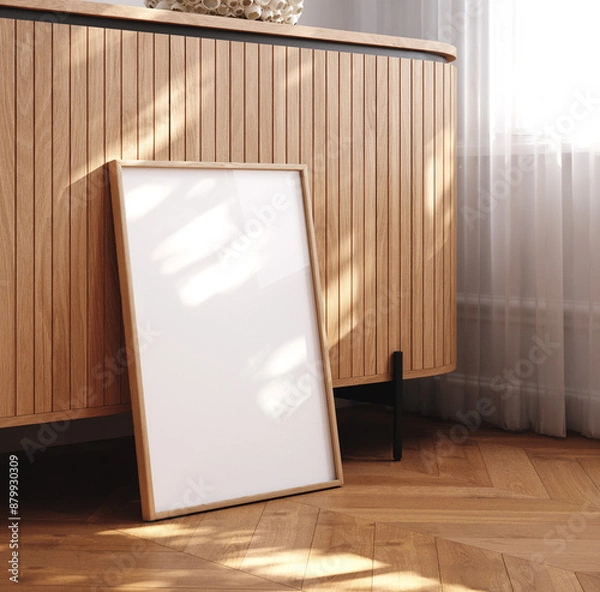Fototapeta Contemporary modern home space, clean minimalist interior, frame mockup, 3d rendering