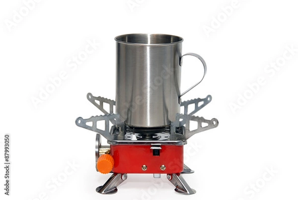 Fototapeta Portable gas torch with metal mug. Isolated on a white