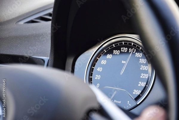 Obraz The speedometer of a modern car shows a high driving speed.