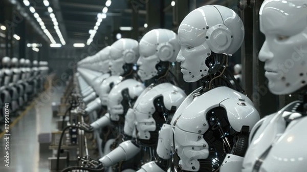 Fototapeta Advanced AI robots working alongside humans in a factory