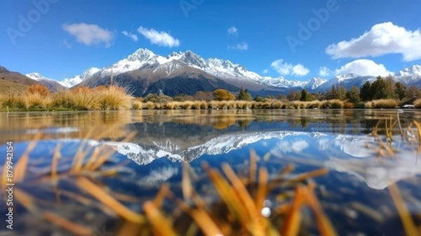 Fototapeta Captivating reflection of snow/ice mountains in a clear lake, framed by vibrant grasses and a bright blue sky, offering a harmonious blend of nature and serenity.