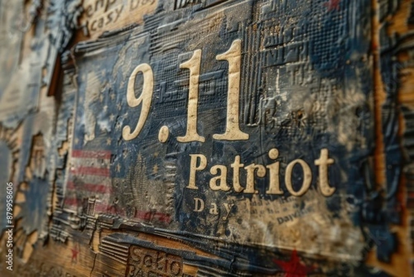 Fototapeta Solemn remembrance: text 9.11. patriot day, honoring memory of those lost, heroism of responders, enduring spirit of unity, resilience, background, wallpaper, banner, copy space, design.
