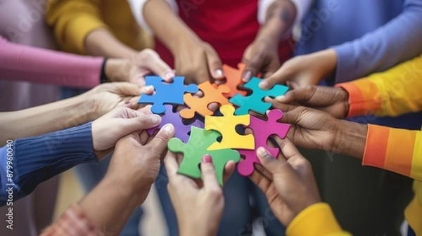 Fototapeta Unity in Diversity - Close-up of Hands Holding Rainbow Puzzle Pieces