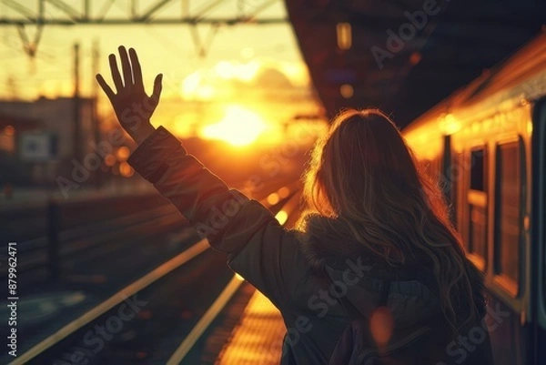 Fototapeta A woman waves goodbye on a sunset-lit platform, embracing a nostalgic farewell at the train station