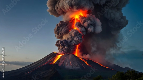 Fototapeta A dramatic image capturing a powerful volcanic eruption with glowing lava flows and dark smoke clouds against a twilight sky, showcasing the raw power of nature