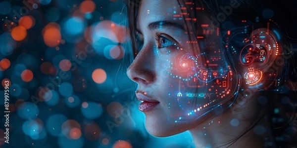 Fototapeta Woman with AI-powered hearing aid for enhanced communication.