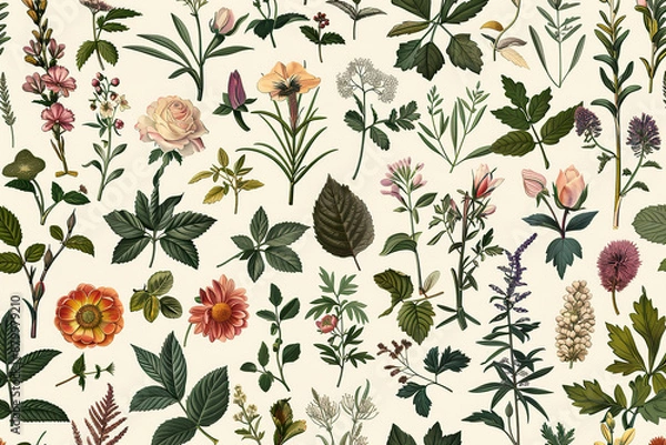 Obraz A floral pattern with leaves and flowers in various colors, generative ai image.