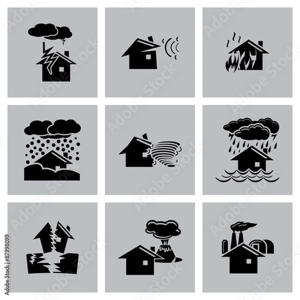 Obraz Vector black natural disaster icons set on grey background