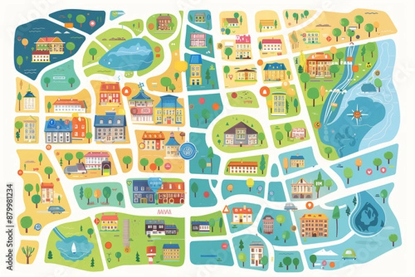 Obraz City map infographic with detailed streets, buildings, and navigation icons. Clear and colorful design. Generative AI tools