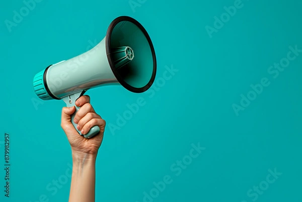 Fototapeta Minimalist image of a person's hand holding a megaphone on a turquoise background. Image with copy space. Studio Shot. Ideal for advertising, advertisement or flyer. 
