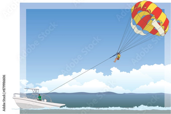 Fototapeta parasailing, person with a red and yellow parachute being towed by a motor boat on open water with sky and clouds in the background