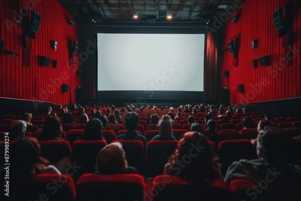 Obraz Movie theater with large screen and crowd of people sitting in red seats