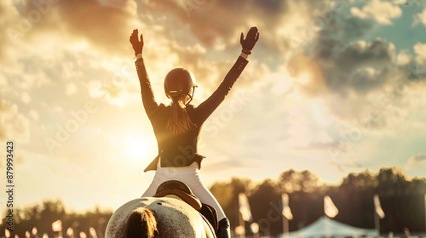 Fototapeta Horsewoman in Equestrian championship hands in the air gesture of victory. Professional Equestrian player won the match. Equestrian player triumphant pose. Banner, poster