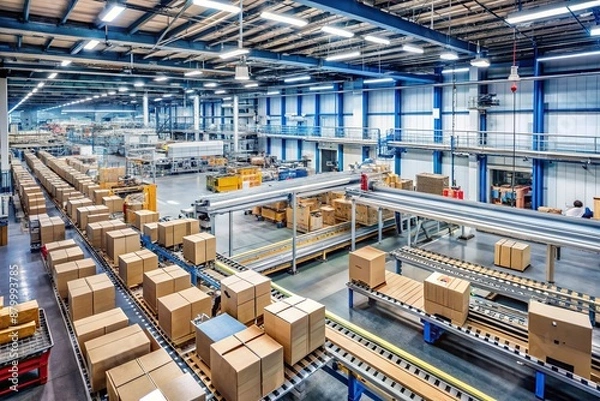 Fototapeta Busy factory production line with boxes, machinery, and packaging materials, conveying a sense of industriousness and efficiency in a modern industrial setting.