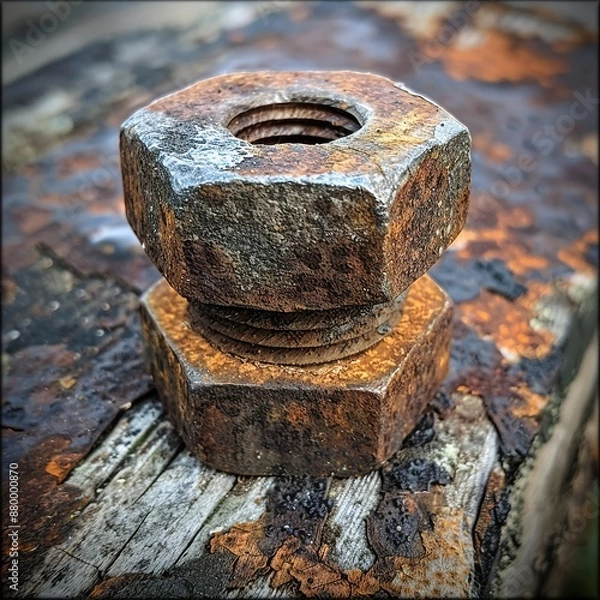 Fototapeta A rusty screw nut symbolizing decay and the need for repair. Rusty screw nut with signs of corrosion and loss of function.