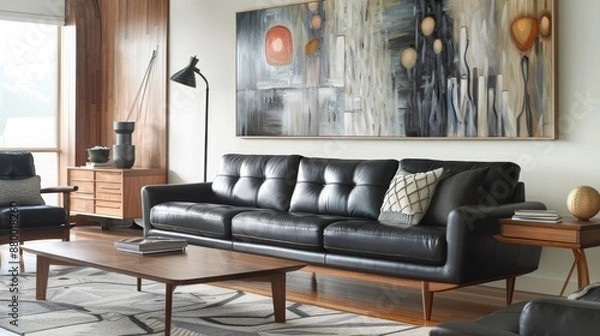 Fototapeta A modern living room with a sophisticated black leather sofa, wooden accent furniture, and a large, abstract painting as the focal point on one wall.