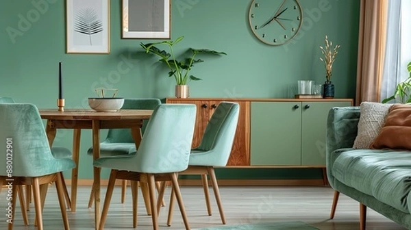 Fototapeta A Scandinavian-inspired living room showcasing mint color chairs at a round wooden dining table, a plush sofa, and a chic cabinet by a green accent wall, 