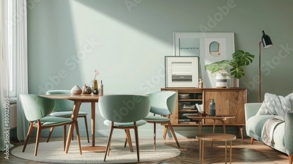 Fototapeta A Scandinavian mid-century modern living room with mint color chairs around a round wooden dining table, a cozy sofa, and a sleek cabinet near a pastel green wall.