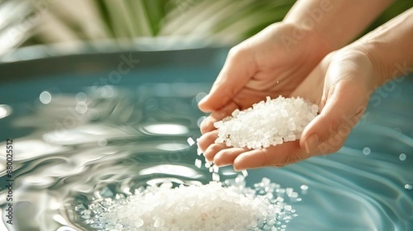 Fototapeta Closeup of hands adding bath salts to water
